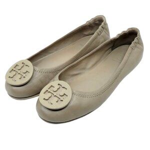 TORY BURCH~Minnie~TRAVEL BALLET FLAT~REVA LOGO GRAY TAUPE LEATHER